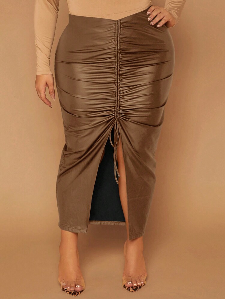 SHEIN SXY Plus Size Women'S Pleated High Slit Skirt - Brown - View 4