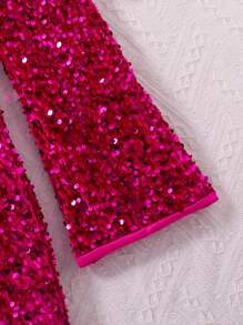 青少年女孩亮片長袖高腰華麗派對連身衣 - 玫紅色 - 查看 6