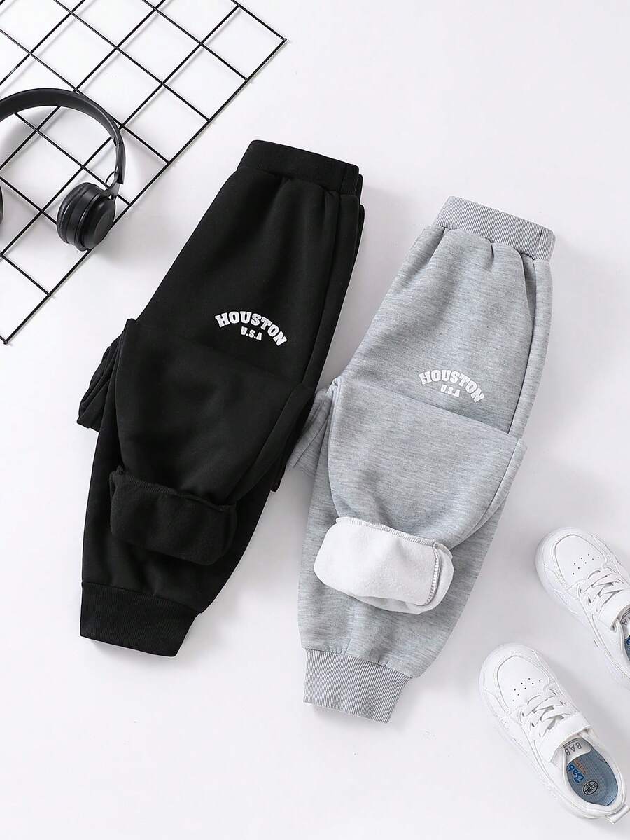 SHEIN 2 chiếc quần nỉ lót nhiệt in chữ thường ngày cho bé trai - Nhiều màu - Xem 1