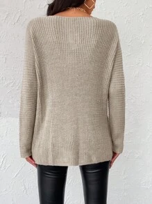 EURMUSE 蝙蝠袖條紋針織套頭毛衣 - 米色 - 查看 2