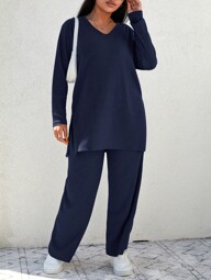 EURMUSE Talla grande unicolor bajo con abertura Camiseta & Pantalones de pierna ancha