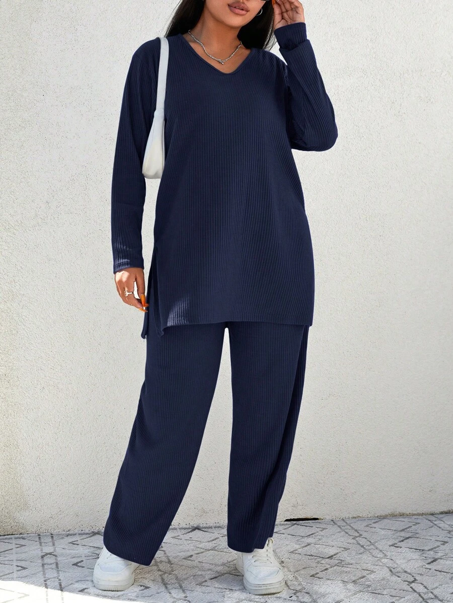 EURMUSE Plus Solid Split Hem Tee & Wide Leg Pants - Navy Blue - View 1