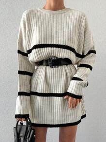 EURMUSE Loses, Geripptes Pulloverkleid Für Damen Mit Drop Shoulder - Schwarz und Weiss - Übersicht 5