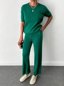 EURMUSE Solid Knit Top & Knit Pants - Dark Green - View 3