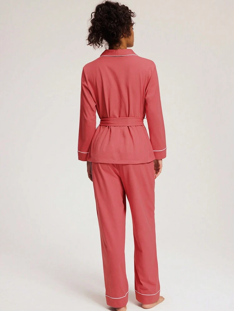 Autumn And Winter Soft 100% Pure Cotton Top With Tie Basic Long Women Pajama Set Lounge Sets For Women Fall Pajamas
