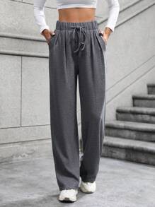 SHEIN Unity Women's Solid Color Drawstring Waist Trousers - Light Grey - View 1