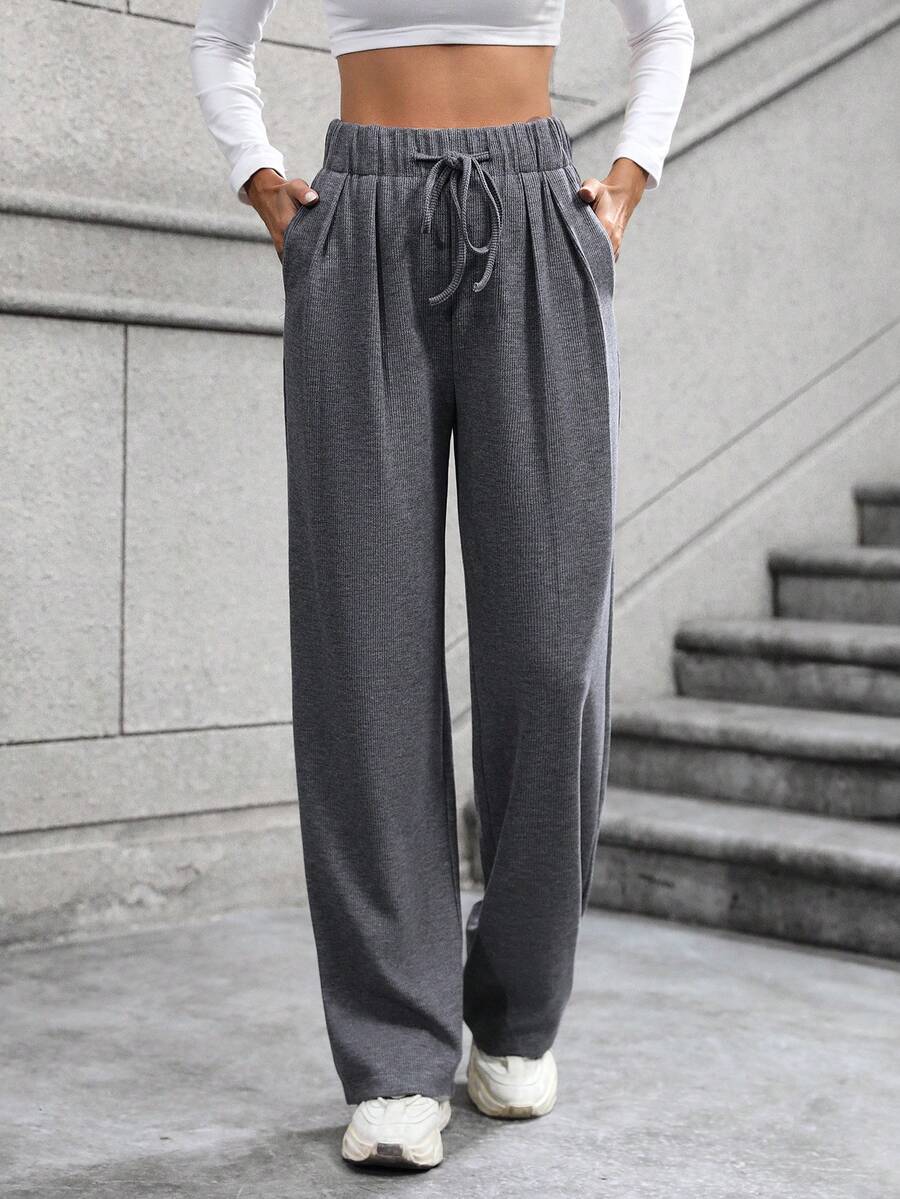 SHEIN Unity Women's Solid Color Drawstring Waist Trousers - Light Grey - View 1