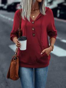 SHEIN LUNE Sudadera Roja Con Capucha Y Cordón De Ajuste Regular Para Mujer - Burdeos - Ver 3