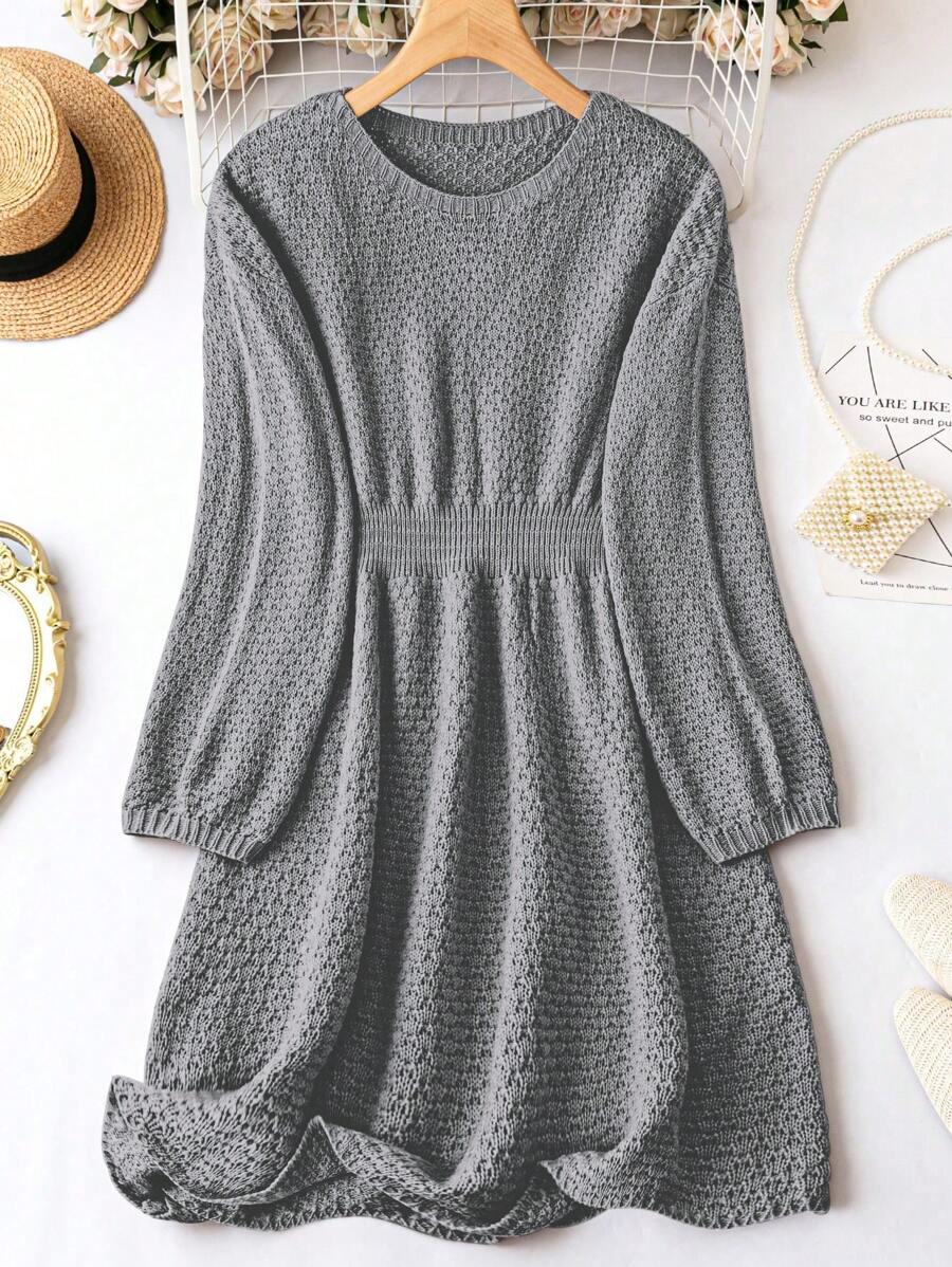 Celure 大尺碼休閒純色圓領連身裙 - 灰色 - 查看 1