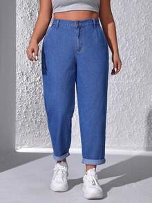 SHEIN EZwear Kích thước lớn Cao eo Quần denim Với Đường chéo Túi - Rửa tối - Xem 5