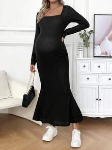 SHEIN 孕婦方領魚尾下擺長袖連身裙 - 黑色 - 查看 2