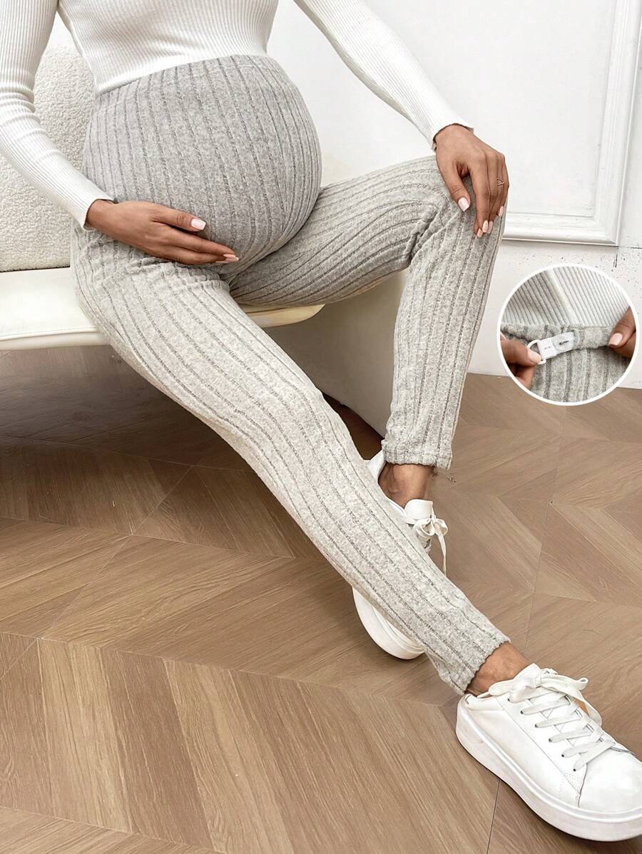SHEIN 孕婦純色針織條紋彈力褲,可調節腰圍 - 杏色 - 查看 1