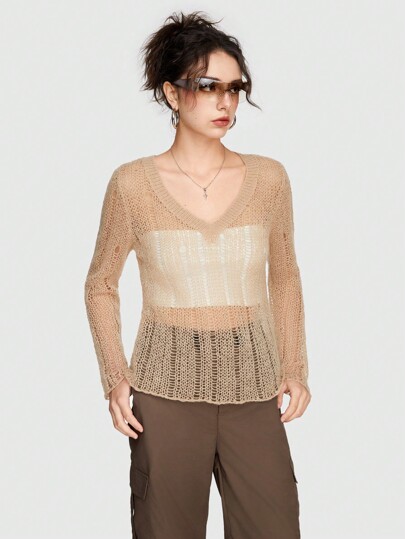 Grunge Punk Women's V-neck Cut-out Hollow Tight Sweater Pullover