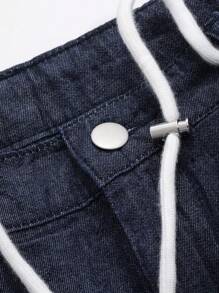 DAZY Drawstring Waist Cargo Wide Leg Denim Pants Baggy Jeans - Dark Wash - View 10