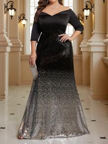 SHEIN Belle 女士加大码露肩渐变亮片晚礼服优雅正式舞会婚礼宾客礼服，适合毕业典礼、晚宴派对礼服 - 彩色 - 查看 2