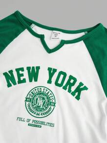 SHEIN Tween女孩色塊字母印花拉幫袖t恤 - 綠色 - 查看 4