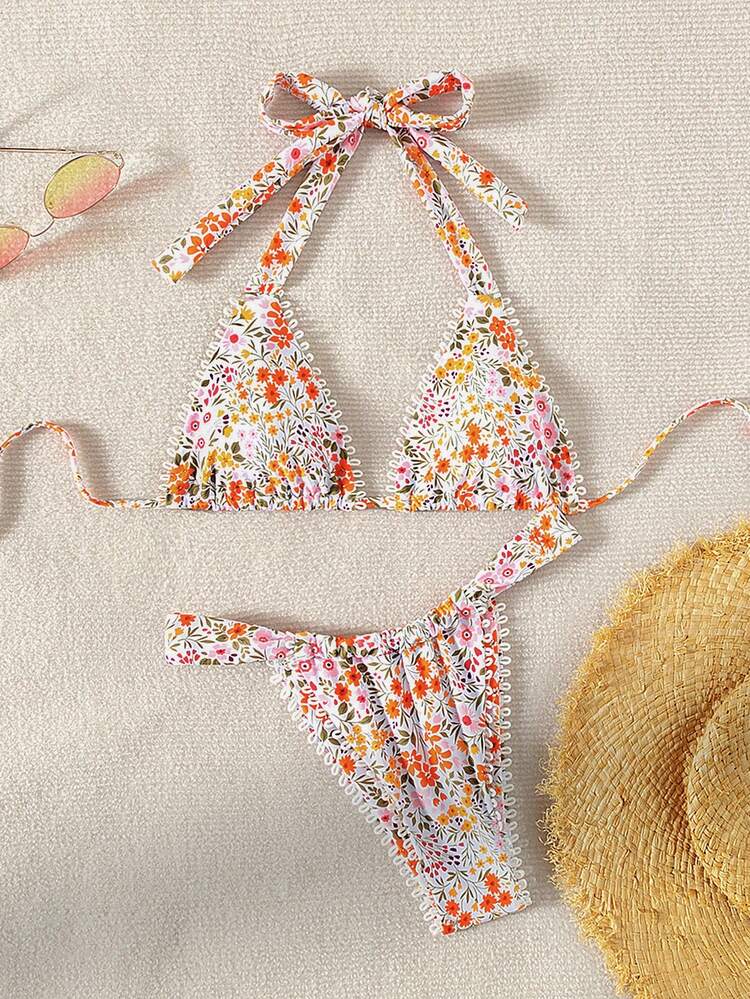 Summer Beach Flower Lace Design Floral Print Two-Piece Bikini Set