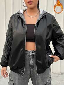 SHEIN EZwear Women's Plus Size Hooded Zipper Up Warm Jacket - Multicolor - View 3