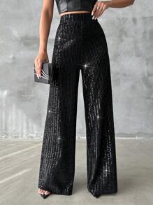 EURMUSE Sequin Wide Leg Pants - Black - View 1