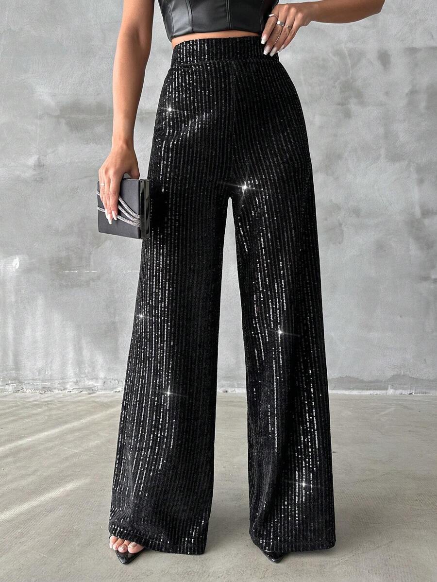 EURMUSE Sequin Wide Leg Pants - Black - View 1