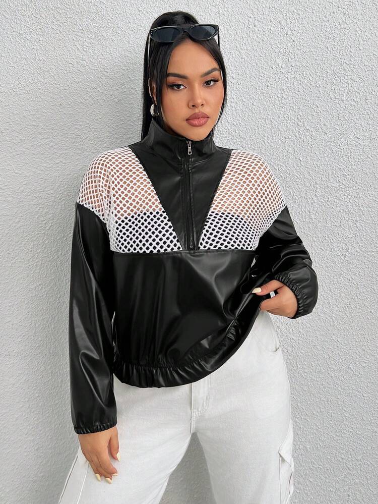 Plus Size Pu Mesh Contrast Sweatshirt