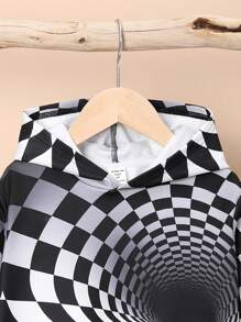 SHEIN 男童休闲舒适格纹渐变色连帽卫衣 - 黑與白 - 查看 3