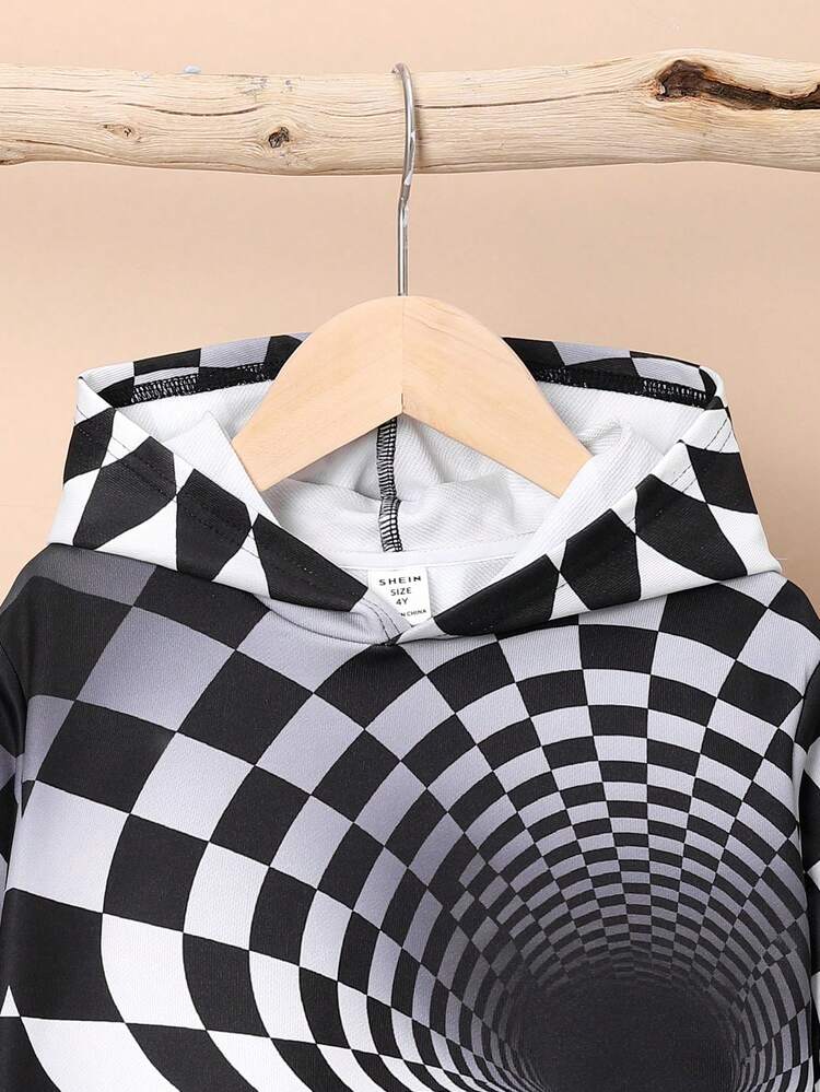 SHEIN 男童休闲舒适格纹渐变色连帽卫衣 - 黑與白 - 查看 3