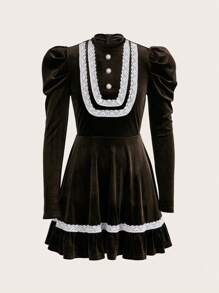 ROMWE PUNK 蕾絲拼接羊腿袖荷葉邊A字連衣裙 - 棕色 - 查看 1