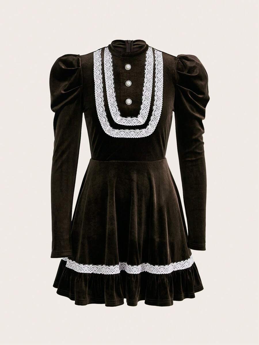 ROMWE PUNK 蕾絲拼接羊腿袖荷葉邊A字連衣裙 - 棕色 - 查看 1