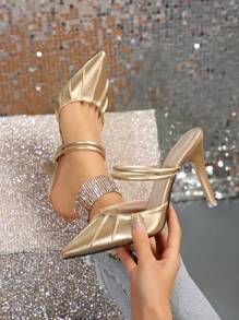 法式高跟女鞋，新款金色夏季优雅亮片尖头凉鞋，性感设计，适合休闲、约会、通勤、商务派对、活动等场合，优雅时尚，穆勒鞋 - 金色 - 查看 1