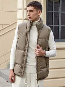 Nam Chi tiết Patched thư Dây kéo Áo gi lê Lông vũ - Màu Khaki - Xem 3