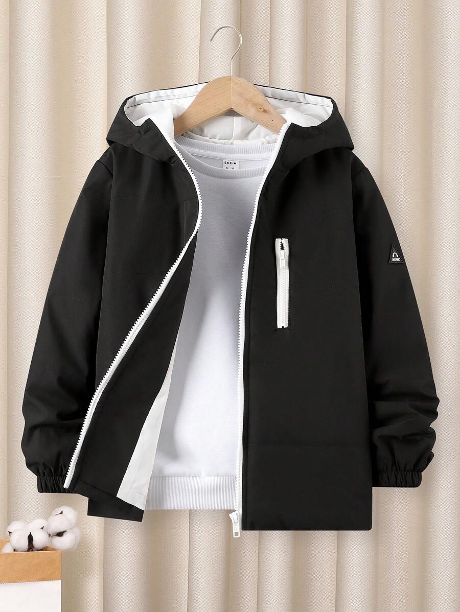 SHEIN Tween Boy Relaxed Fit Thickened Hooded Padded Coat, Winter Fall, Black Outwear - Black - View 1