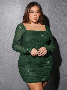 SHEIN SXY 大尺碼方領荷葉邊連身裙 - 墨綠色 - 查看 3