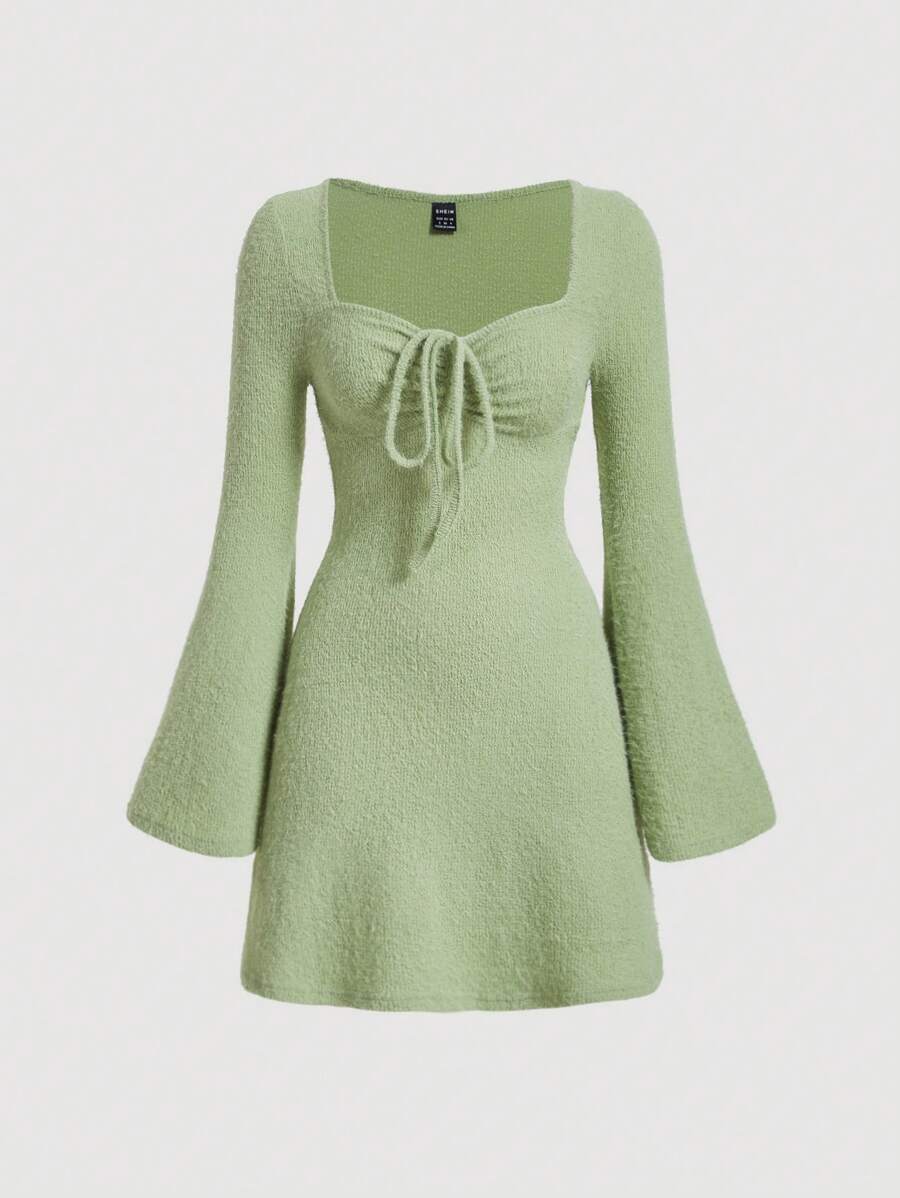 SHEIN MOD 女士紋理面料連體裙,配有泡泡袖 - 綠色 - 查看 1