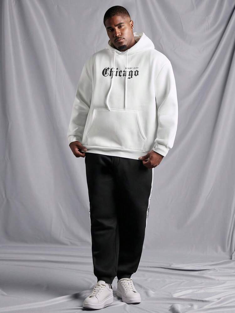 Men's Plus Size Hooded Sweatshirt And Pants Set With Text Print