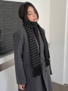 DAZY Striped Fringe Hem Scarf - Black - View 6