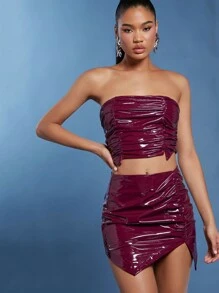 Hauture Patent Ruched Top & Split Skirt Two Piece Set - Red Violet - View 7