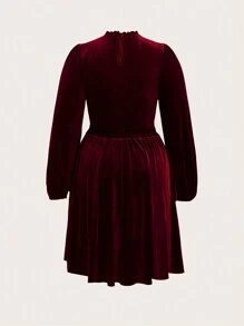 SHEIN Clasi Hơn 1 Miếng Cổ giả Tay áo lồng đèn Nhung Đầm - Màu Đỏ Sâu - Xem 2