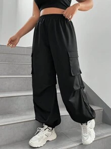 SHEIN EZwear 女款黑色梭織工裝褲 - 黑色 - 查看 5