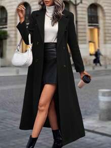 SHEIN Clasi Long Woolen Coat With Pointed Lapel Collar And Double-breasted Buttons - Black - View 4