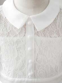 SHEIN Baby Girls' Elegant Lace Spliced Satin Long Sleeve Peter Pan Collar Dress Party Outfit - White - View 7
