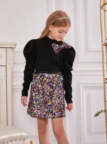 SHEIN Áo Sơ Mi Tay Gigot Cổ Đứng Dệt Chắc Chắn Tween Girl Kèm Bộ Váy Dệt Sáng Bóng, Trang Phục Phù Hợp Với Mẹ Và Tôi - Nhiều màu - Xem 8