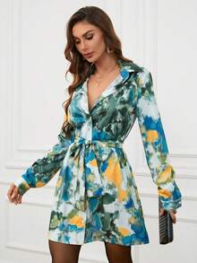 SHEIN VCAY Của phụ nữ In Nút xuống Tay áo dài Váy sơ mi - trái cam - Xem 4