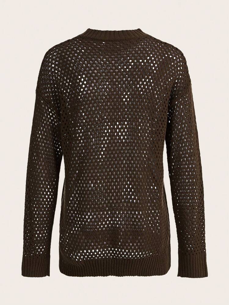 1pc Solid Pointelle Knit Drop Shoulder Sweater