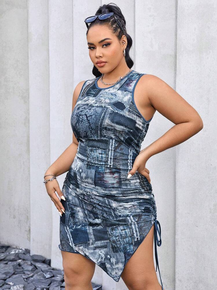 Plus Size Women's Denim Effect Patchwork Sleeveless Dress With Side Drawstring