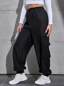 RueChic Plus Size Flap Pocket Drawstring Waist Workwear Pants - Black - View 5