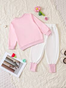 SHEIN 小女孩3d花卉裝飾運動衫和長褲套裝,適用於秋冬季節 - 粉色 - 查看 2