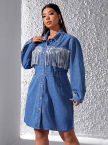 SHEIN ICON 大尺碼女性牛仔襯衫領連身裙,帶流蘇裝飾 - 中等水洗藍 - 查看 4