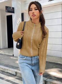 SHEIN Unity Áo len cardigan dệt kim thường ngày cho nữ - màu nâu - Xem 4