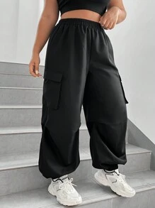 SHEIN EZwear 女款黑色梭織工裝褲 - 黑色 - 查看 4